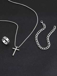 Stainless Steel Fashion Men's Jewelry Three Pieces Set, Cross Necklace, Bracelet, Cross Ring, Suitable For Daily Decoration