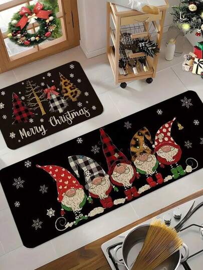 1pc Nordic Style Christmas Gnome Pattern, Black Background With Snowflake Design, Festive Atmosphere, Suitable For Living Room, Bedroom, Kitchen Or Outdoor Space, Bedroom Floor Decor | Durable Carpet, Living Room Mat, Creates Cozy Ambiance, Perfect For Christmas, Kitchen Mat, Holiday Mat, Christmas Lover