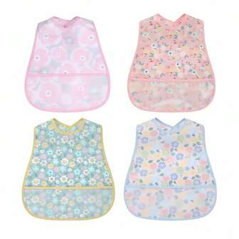4 Packs Baby Bibs With Flip Pocket, Snap Buttons For Adjustable Fit, Multi-Use For Feeding & Play, Machine Washable, Must-Have For 6-36 Months
