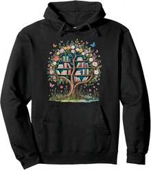 Read Books Lover Bookworm Reading Cute Library Tree Design Pullover Hoodie - Black - View 1