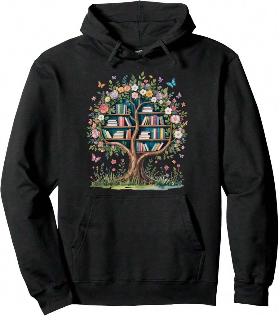 Read Books Lover Bookworm Reading Cute Library Tree Design Pullover Hoodie - Black - View 1