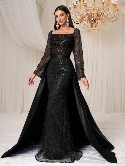 YISIKADO Elegant Satin & Mesh Colorblock Sequin Square Neck Long Sleeve Maxi Dress, Suitable For Birthday Party, Wedding Guest, Graduation Ceremony Spring