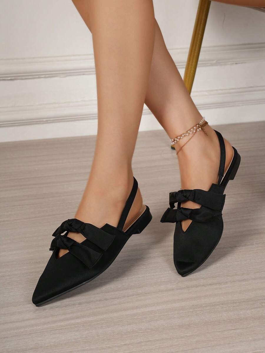 Black Pointed Toe Bowknot Lace-Up Low Heel Mule Sandals, New 2025 Summer - Black - View 1