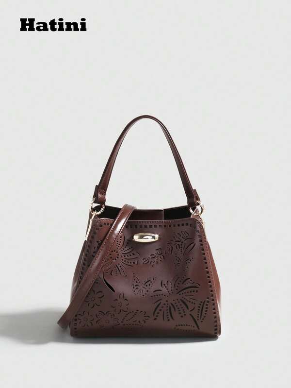 حقيبة كتف نسائية ذات تصميم هندسي مجوف، حقيبة كاجوال متعددة الاستخدامات مناسبة للسفر والعطلات، متعددة الطبقات وأنيقة للتنقل والمواعيد، مع مقبض بلون مطابق، مناسبة للتسوق والسفر والتنقل