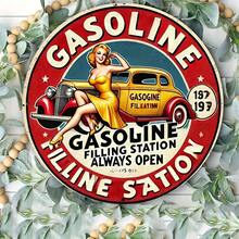 1 pieza Letrero de metal vintage de estación de servicio de gasolina, arte de pared redondo de 7.8 pulgadas, diseño retro de automóvil y pin-up, ideal para decoración del hogar, bar, cafetería, garaje, idea de regalo única.