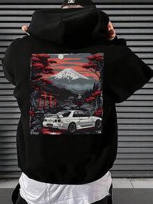Men's Anime Graphic Hoodie, Men's Hoodie, Men's Tracksuit, Men's Halloween Costume, Men's Anime Graphic Hooded Sweatshirt - JDM Car & Mount  Design, Loose Fit Casual Pullover With Pockets, Machine Washable Winter Warmth, Streetwear Style For Anime Fans & Car Lovers, Long Sleeve Relaxed Fit With Front Pocket, Non-Stretch Fabric, Autumn/Winter Wear, Themed Print With Torii Gates & Cherry Blossoms, Anime-Inspired Casual Wear, Men's Long Sleeve, Hoodies, Men's Hoodie, Men's Hoodies Casual Streetwear Apparel, Anime Hoodie, Comfortable Fit, Durable Fabric, Streetwear Fashion, Stylish Casual Pullover For Autumn/Winter Outdoor Wear - 黑色 - 查看 1