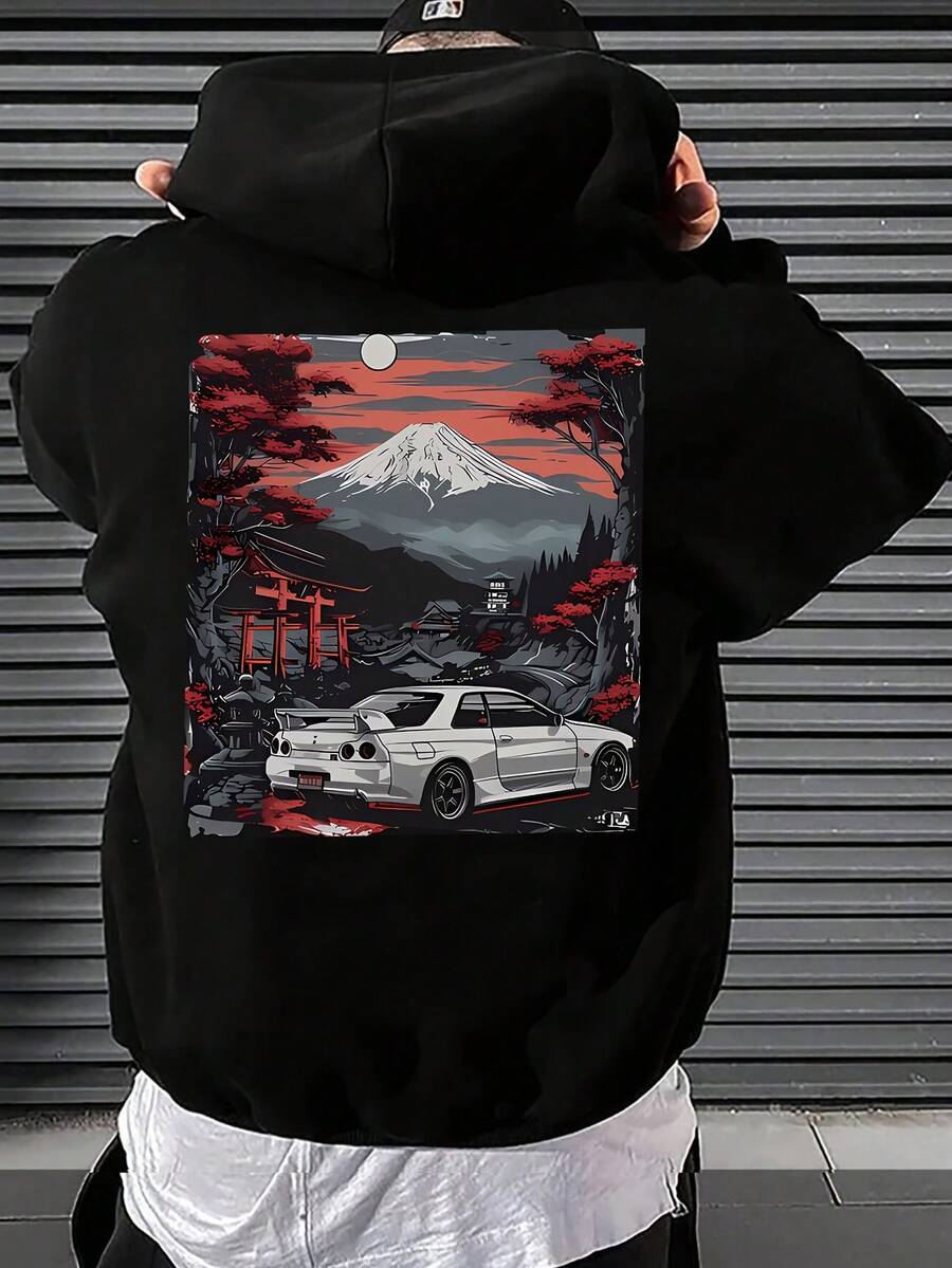Men's Anime Graphic Hoodie, Men's Hoodie, Men's Tracksuit, Men's Halloween Costume, Men's Anime Graphic Hooded Sweatshirt - JDM Car & Mount  Design, Loose Fit Casual Pullover With Pockets, Machine Washable Winter Warmth, Streetwear Style For Anime Fans & Car Lovers, Long Sleeve Relaxed Fit With Front Pocket, Non-Stretch Fabric, Autumn/Winter Wear, Themed Print With Torii Gates & Cherry Blossoms, Anime-Inspired Casual Wear, Men's Long Sleeve, Hoodies, Men's Hoodie, Men's Hoodies Casual Streetwear Apparel, Anime Hoodie, Comfortable Fit, Durable Fabric, Streetwear Fashion, Stylish Casual Pullover For Autumn/Winter Outdoor Wear - 黑色 - 查看 1