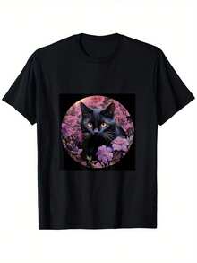 Camiseta Negra Gato Flores de Primavera Púrpura.% Algodón. Impresión de un lado. Camiseta negra de manga corta. Feliz Regalo de Pascua para Familia y Amigos. Tallas S-. 1 pieza. Peso de la tela 180g - Negro - Ver 1