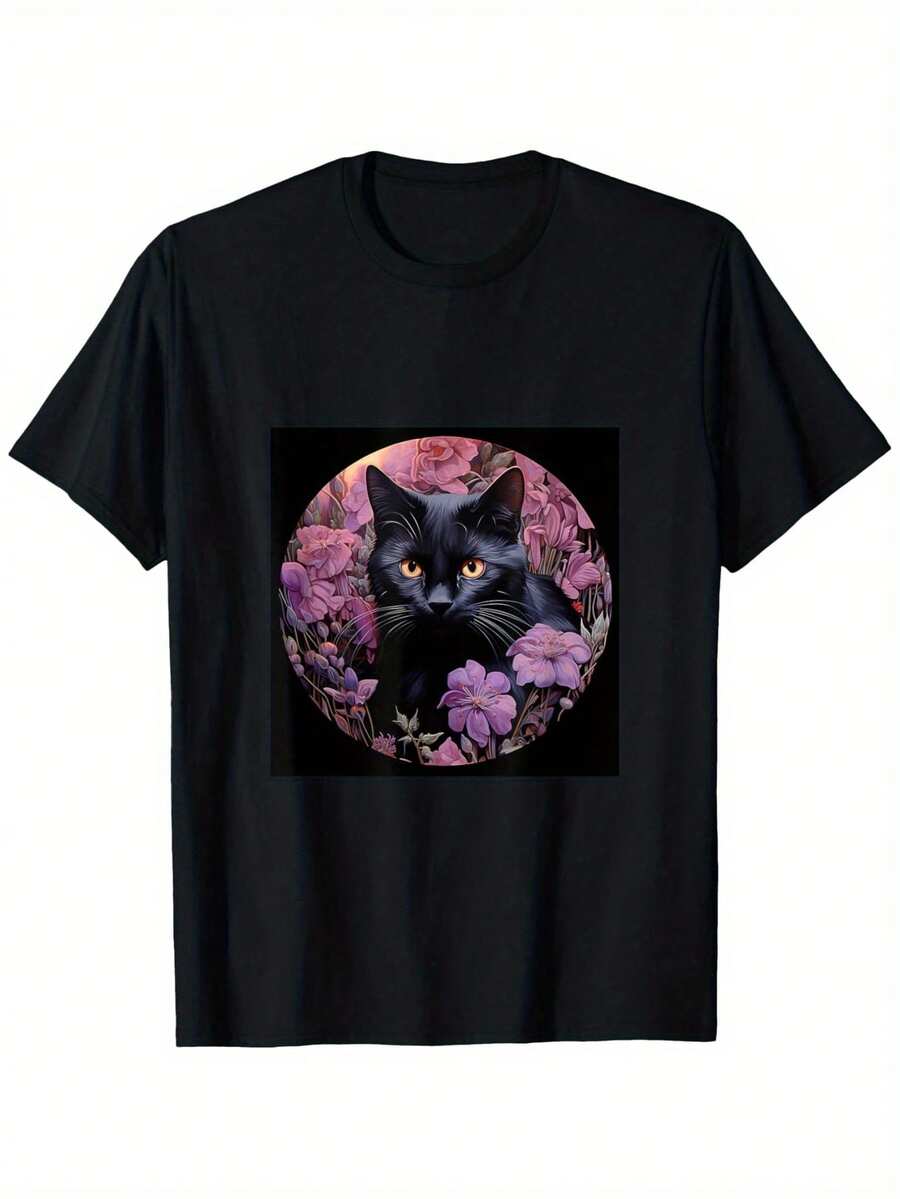 Camiseta Negra Gato Flores de Primavera Púrpura.% Algodón. Impresión de un lado. Camiseta negra de manga corta. Feliz Regalo de Pascua para Familia y Amigos. Tallas S-. 1 pieza. Peso de la tela 180g - Negro - Ver 1