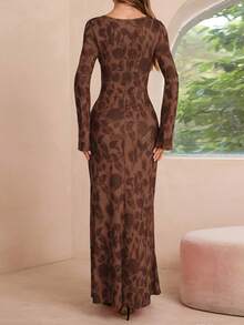 Onicee Women's Fashionable Printed Crew Neck Long Sleeve Dress, Autumn - Brown - View 3