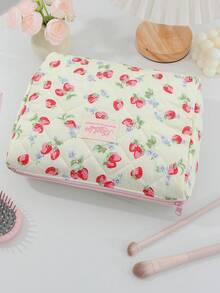 1 قطعة/مجموعة حقيبة مكياج ذات سعة كبيرة بطبعة فراولة جميلة، حقيبة مستحضرات تجميل محمولة باليد، حقيبة تخزين نظارات من قماش ناعم مبطن بتصميم مبطن مع إغلاق بزر للسفر - أصفر - مشاهدة 13