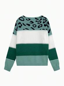 Women's Oversized Cute Color Block Leopard Sweaters Casual Cozy Ribbed Knit Crewneck Pullover Long Sleeve Sweater Tops
