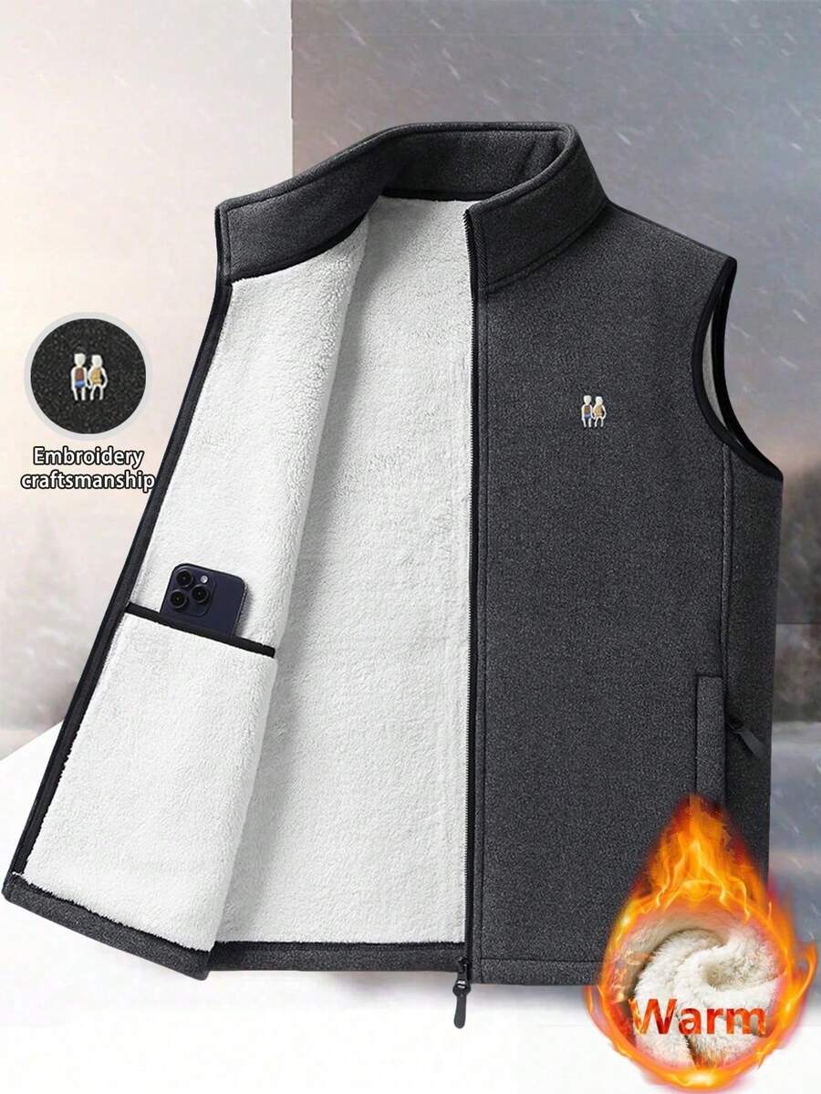 WASSUP OTHER 男士夹克，秋冬季男士抓绒无袖背心，内袋设计，拉链立领夹克 - 深灰色 - 查看 1