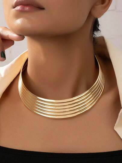 1 pieza Collar gargantilla de metal exagerado, collar de anillo de metal minimalista y de múltiples capas de moda, joyería versátil para uso diario y de fiesta para mujeres