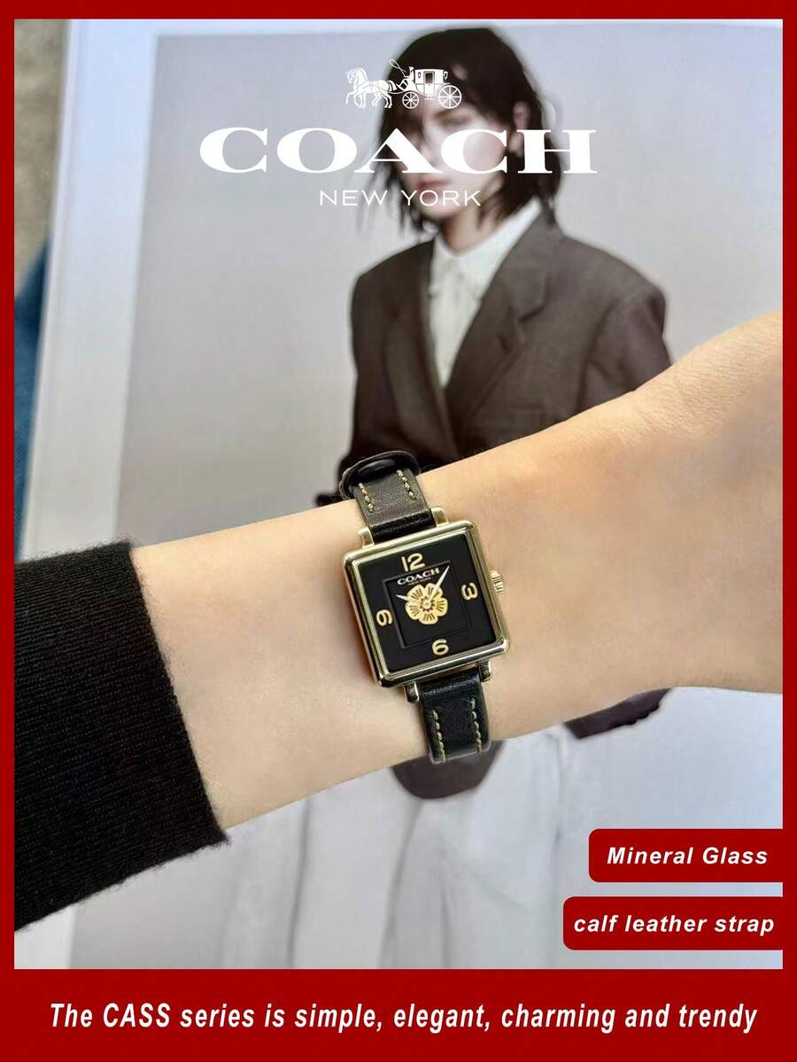 Coach Cass Black Square Dial Black Leather Strap Watch For Women - Black - View 1