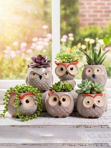 6个/套 可爱猫头鹰造型多肉植物花盆 - 底部带排水孔 - 迷你陶瓷花盆 - 休闲风格陶瓷花盆，图案多样，轻便桌面植物容器，适合室内使用，独特的非对称造型装饰配件（不含植物）
