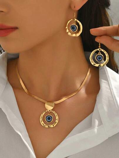 3pcs Fashionable & Elegant Devil's Eye Beaded Geometric Pendant Necklace + Earrings Set For Women, Personalized Jewelry Suit For Daily, Casual, Vacation, Date, Gift, Party