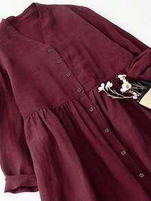 女式 V 领前开式休闲优雅 3/4 袖宽松中长连衣裙，适合春秋季节 - 酒紅色 - 查看 4