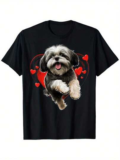 Camiseta de algodón Shih Tzu con corazón de amor - Camiseta de manga corta suave y transpirable para hombres, regalo perfecto para el Día de San Valentín, Halloween, Acción de Gracias, Navidad