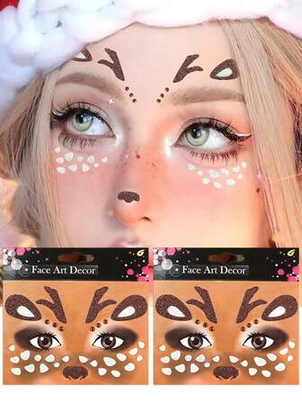 2pcs Christmas Reindeer Face Decal Set Acrylic Adorable Deer Face Stickers New Year, Christmas, Carnival, Holiday Party, Stage Performance Face Makeup Stickers Dance Party Costume Accessories