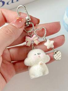 1pc Cute Flocked Bear Phone Charm, Girly Bow Cartoon Animal Bag Pendant - Multicolor - View 4