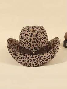 A Pair Of Men's And Women's Leopard Print Road West Cowboy Hats, A Detachable Classic Brown Cow Head Trim Cowboy Hat, A Women's Cowboy Hat, A Fashionable Hat That Is Lightweight And Suitable For Both Men And Women Throughout The Four Seasons, Perfect For Outdoor Activities Such As Music Festivals, Birthday Parties, And Christmas