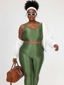 Plus Size Women's Ribbed Fitness Set Gym Top And Shiny Sports Leggings - 綠色 - 查看 5
