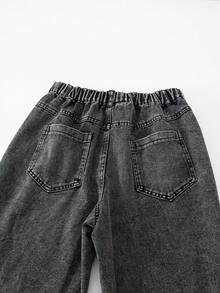 بنطلون جينز بساق مستقيمة للمراهقات مع جيوب حقيقية وخصر مطاطي، غسيل متهالك، مناسب للارتداء اليومي والخارجي - الأسود - مشاهدة 8