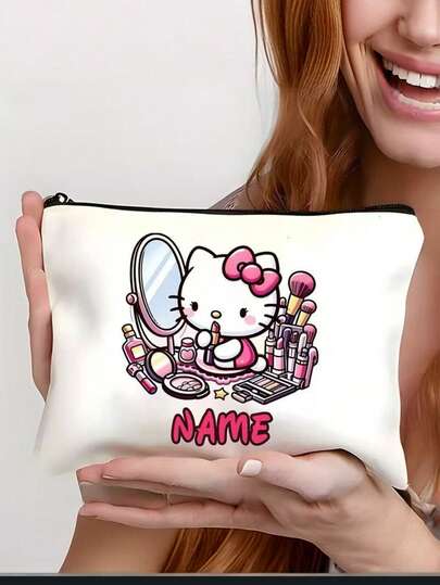 1 pezzo Borsa per cosmetici personalizzata Hello Kitty Sanrio - Nome personalizzato, in poliestere nero con fiocco rosa e design a specchio, organizer da viaggio con cerniera per articoli da toeletta - Idea regalo perfetta per compleanni o feste, ottimo regalo per Ognissanti e Natale, borsa, da viaggio, regali per donne, necessaire da donna, essenziali da viaggio, borsa, pochette/piccola borsa a mano, necessaire, organizer per il trucco, organizer per il trucco, borsa, porta pennelli, mini borsa, borsa di grande capacità