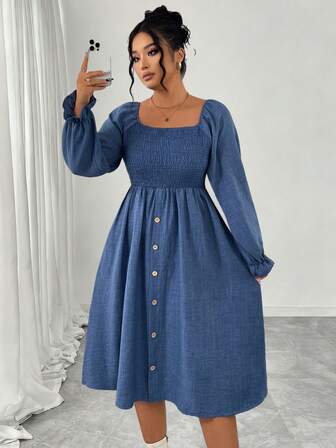 Plus Size Denim Look Woven Fabric Shirred Square Neck Long Sleeve Fit And Flare Dress With Buttons Long Length