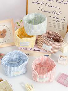 1pc Stylish Plaid Pattern Desktop Storage Basket, Desk Organizer Basket For Makeup Brushes, Cosmetics, Decorative Items, Earphones, Lipsticks, Portable For Picnic - Multicolor - View 2