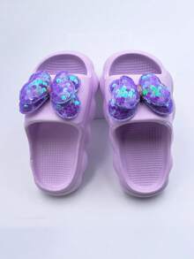 Pantuflas casuales de niña con lazo de lentejuelas, pantuflas de moda con suela suave y cómoda, aptas para uso interior y exterior