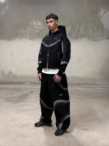 Gridborn Zip Up Hoodie / Casual Pants 3D Gradient Print Cropped Design Oversized Fit Street Style - Áo đen - Xem 2