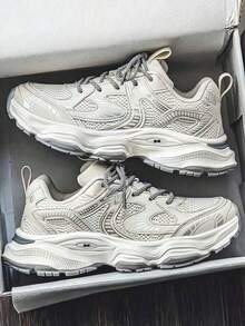 2025 New Men's Sneakers, Mesh Breathable Chunky Sneakers, Thick Sole Increase Height, Wear-Resistant, Fashionable Casual Trainers, Youth Street Style, Lace-Up Outdoor Sports Shoes - Beige - View 1