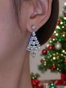 1 Pair Of European And American Christmas Earrings With Diamond Studded Drip Oil Christmas Tree Earrings - Silver - View 2