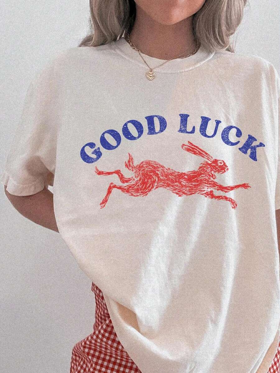 Good Luck Shirt. Lucky Rabbit Shirt. Easy Tiger Shirt. Cool Women's Shirts. Aesthetic Shirts. Cool Girl Shirts. Retro Western Style. - 白色 - 查看 1