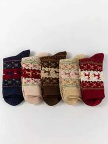 5 双女士圣诞驯鹿图案百搭中筒袜，秋冬款 - 彩色 - 查看 5