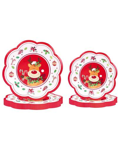 10 piezas/20 piezas/50 piezas Platos de papel con diseño de renos navideños en estilo divertido de dibujos animados, con borde ondulado. Platos desechables de 7 pulgadas con forma floral y platos de cena de 9 pulgadas para decoración de mesa de fiesta de cumpleaños o invierno