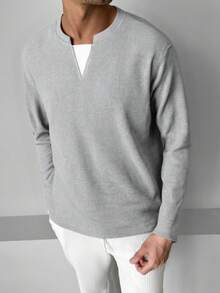男士灰色V领亨利领华夫格针织长袖T恤，简约设计，精致领口，可机洗，复古风格