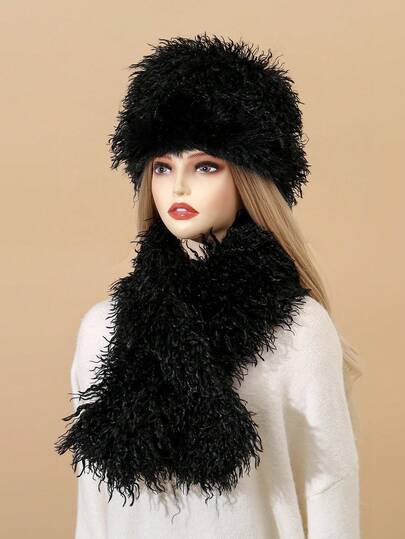 1 Set de Gorro y Bufanda de Invierno Cálidos, Suaves y Esponjosos de Piel Sintética de Moda para Mujer