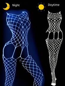5-Piece Set Of Women's Luminous Halterneck Fishnet Bodysuits, Lingerie, Glow In The Dark Fishnet Body Stockings, Women's Sexy Lingerie Set, Luminous Costumes, Fluorescent Party Role Play Novelty Costumes, Exotic Costumes, Women's Sexy Bodysuits, Body Stockings - trắng - Xem 4