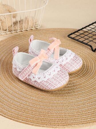 1 Pair Girls' Lace Bow Hook And Loop Design Flat Casual Versatile Cute Princess Shoes, Suitable For Spring And Autumn