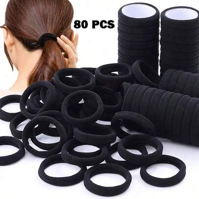 80pcs Adjustable Black Elastic Headband - Gym And Yoga Rubber Bands, Suitable For Thick Hair, Quick Drying Seamless Design, High Elasticity Ponytail Fixator, Women's Basic Headband, Sweat Resistant Sports Headband, Suitable For Running HIIT, Travel, Daily Use