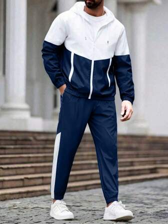 Men's 1 Set Windproof And Breathable Colorblock Running & Fitness Sportswear With Jacket And Pants Suit Gym Clothes Boyfriend Style Men, Athletic Suit, Tracksuit Boyfriend Style Men For Fall