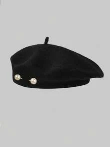 1 chiếc mũ beret nữ, mũ beret nữ màu trơn giá cả phải chăng, kiểu dáng cổ điển, đa năng, hình tròn, thích hợp cho nghệ sĩ, mũ beret len bóng đính ngọc trai màu đen. - Nhiều màu - Xem 2