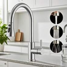 Kitchen Sink Tap, Mixer Tap With Pull-Out, 4 Modes, 360° Rotation, Flexible, High Arc, High Pressure, 1 Hole, G3/8, Single Handle Stainless Steel Taps, Nickel