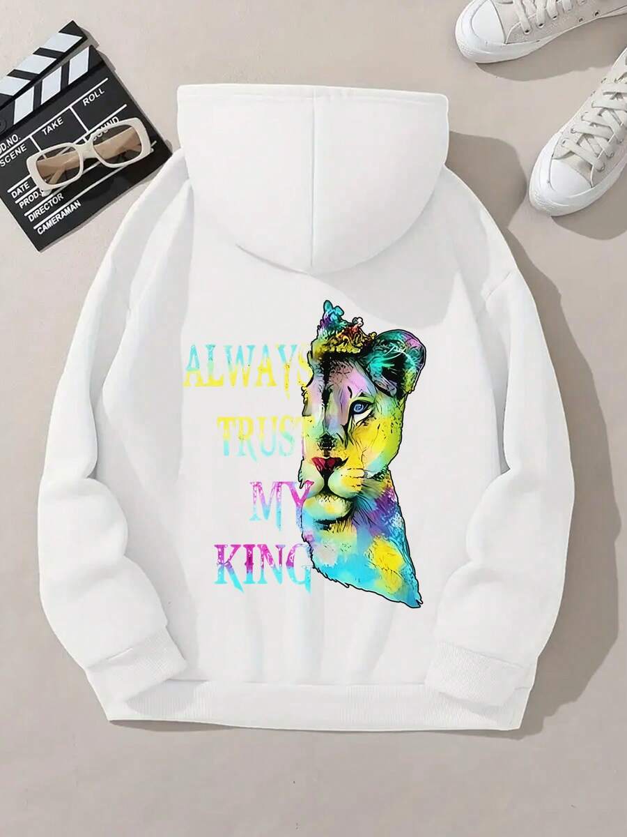 1PCMen's & Women's Matching Couple's Hooded Sweater  - ALWAYS PROTECT MY QUEEN / ALWAYS TRUST MY KING Loose Fit Long Sleeve Pullover With Pockets, Cozy Casual Winter Sweater For Couples, Machine Washable Matching Outfits For Valentine's Day Gifts - Màu trắng của phụ nữ - Xem 1