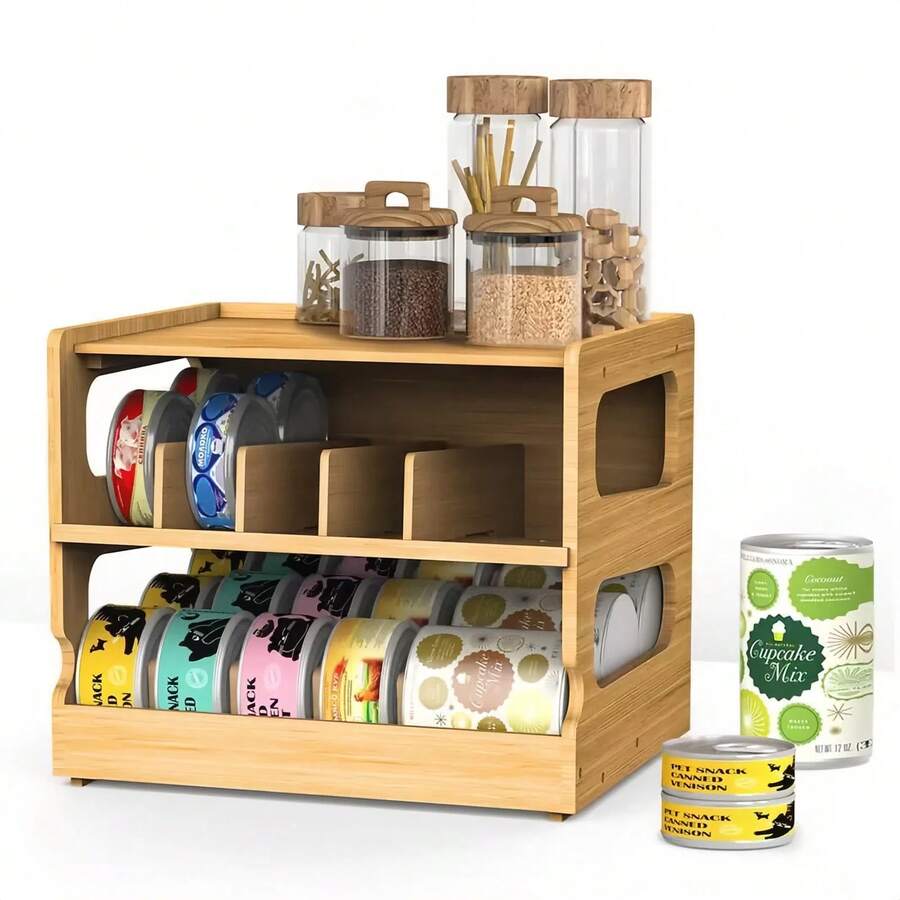 FEELSO Can Organizer For Pantry, Bamboo Pantry Organizer, 2 Tier Stackable Can Storage Rack Ideal For 36 Human And Pet Food Cans Organizer(FIFO)