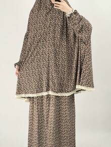 1pc Plus Size Soft Ditsy Floral Voile Hijab Top, Sleeve & Hem Contrast Lace Abaya - 彩色 - 查看 3