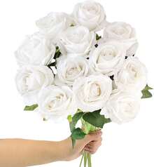 50PCS Large Velvet Artificial Roses 4.14" Real Touch Long Stem Fake Flowers In Bulk For Flower Arrangement, Wedding, Home & Party Decor (White) - 白色-12件 - 查看 9
